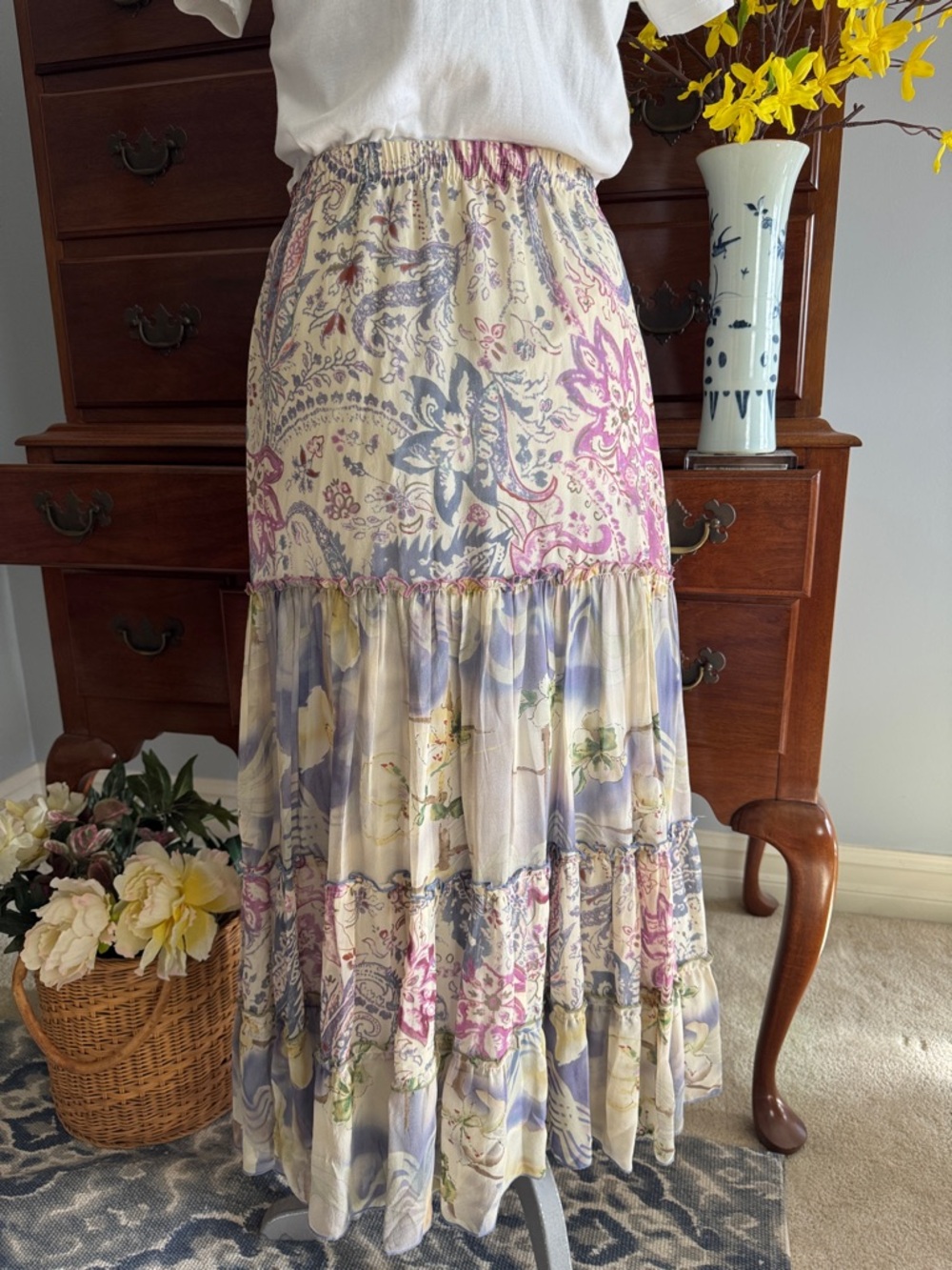 CAbi Silk Tiered Peasant Boho Maxi Skirt Size Small #237 - Picture 6 of 8